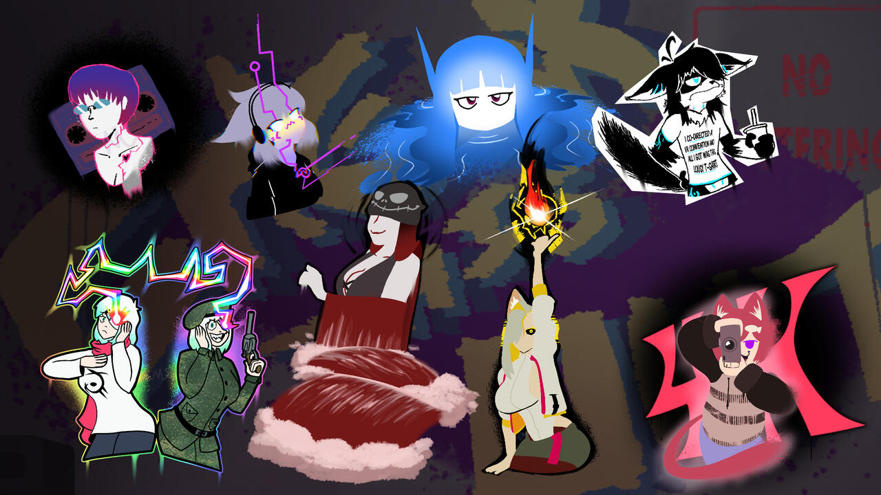 Handful of Illustrated "Graffiti" pieces used in Projekt: Fest VRChat worlds as decor.