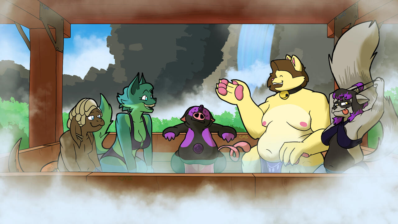 A scene featuring multiple original character designs from me and several friends.