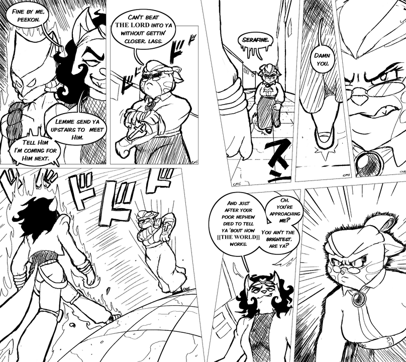 A right-to left manga spage spread recreating a moment, beat for beat, from JoJo's Bizarre Adventure with Lackadaisy Characters.